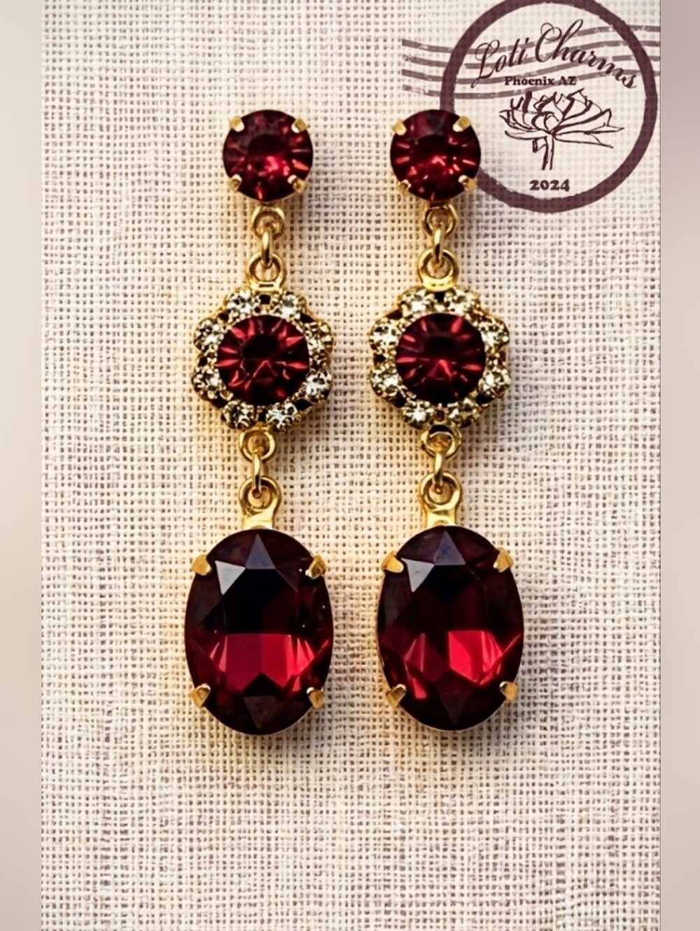 Victorian Red Flower Crystals In Three Tier Gold Plated Earrings